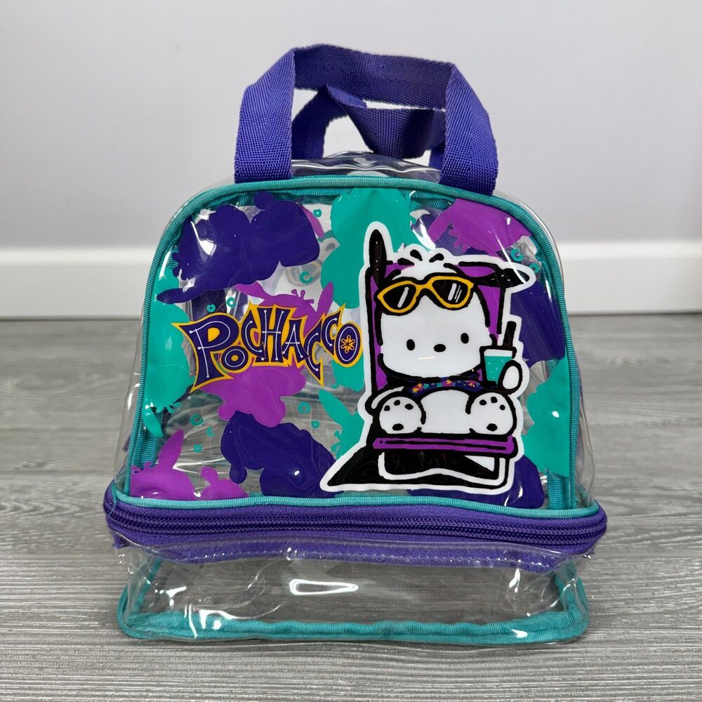 Vintage 1996 Sanrio Pochacco Clear PVC Bag Pink Purple Teal Relaxing Vacation